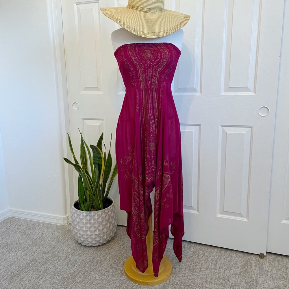 Strapless Dress w/Handkerchief Hem in Dark Pink + Gold